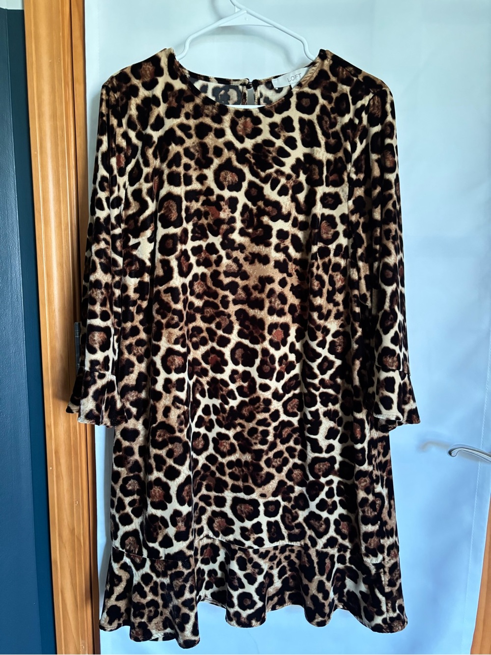 LOFT Leopard-Print Long Sleeve Shift Dress in Brown and Cream